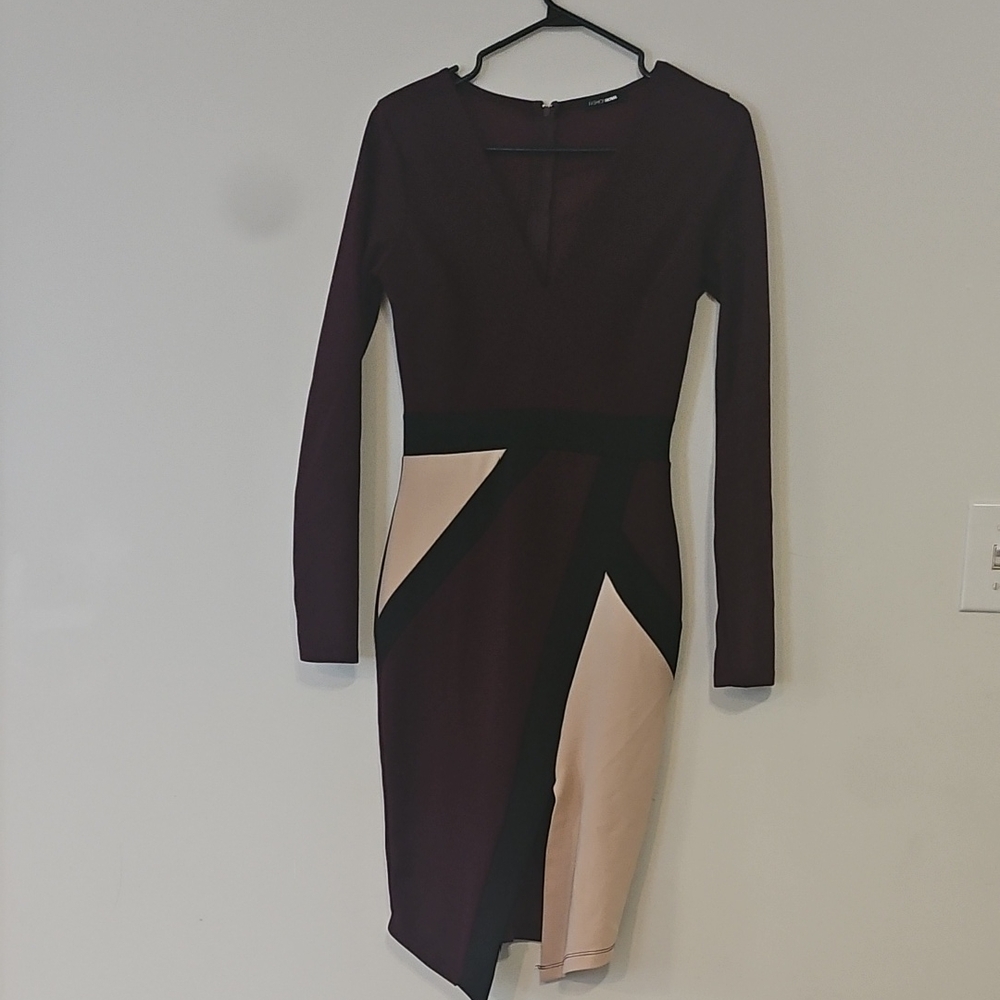 Fashion Nova Burgundy and Beige Long Sleeve Dress